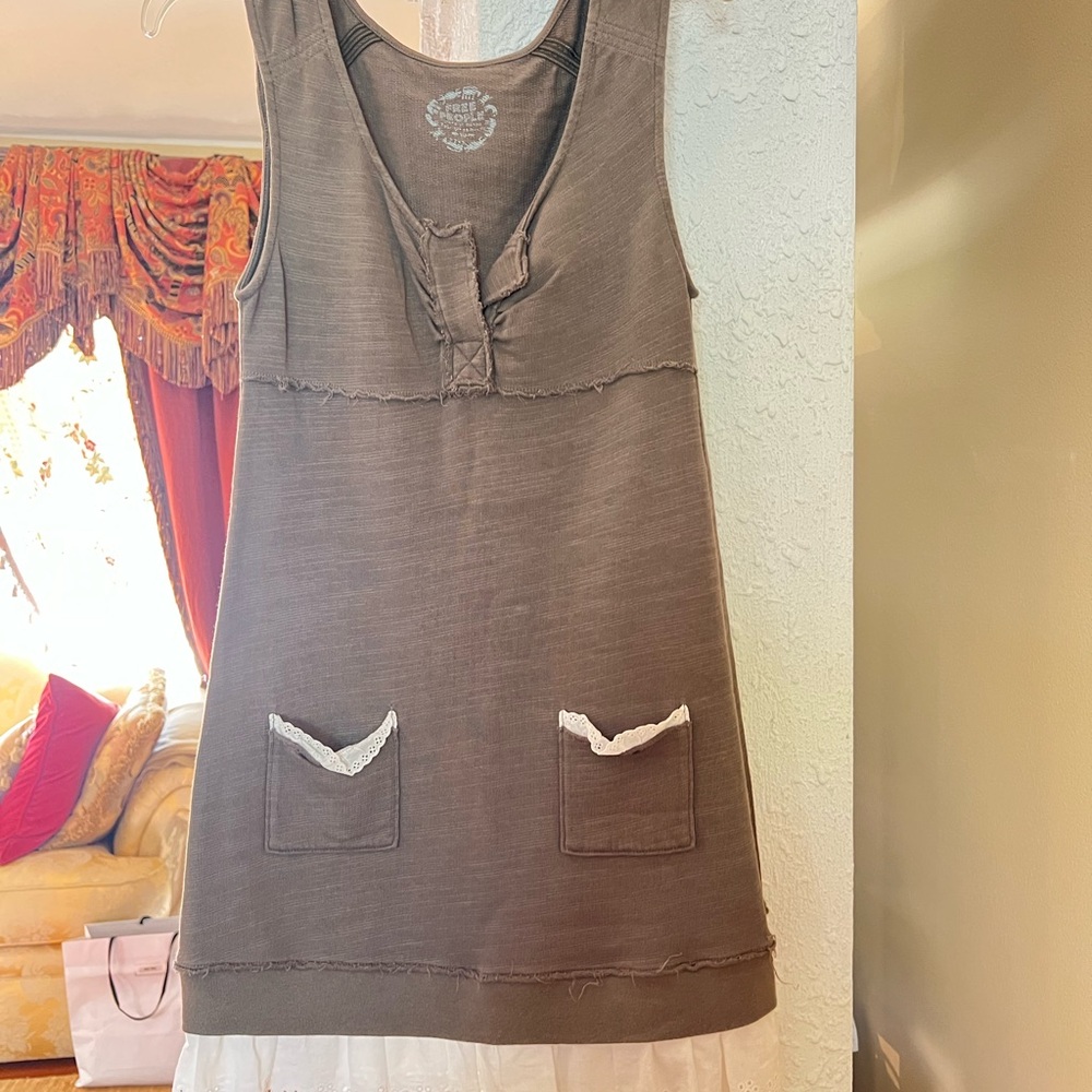 Free people army green dress with white eye tit trim